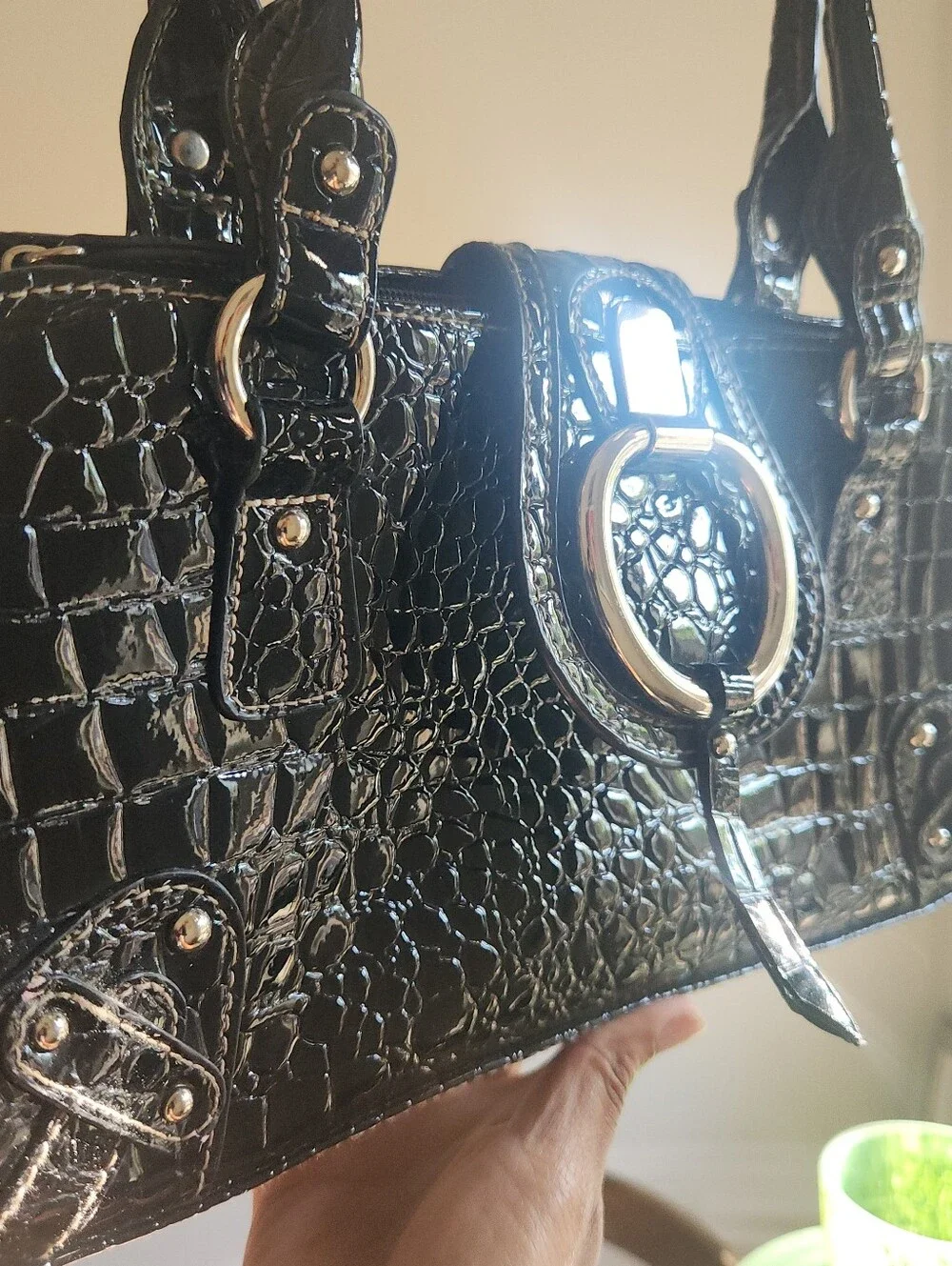 Vintage Black Croc Embossed Vinyl Satchel Handbag Silver Hardware Top Handle Pur
